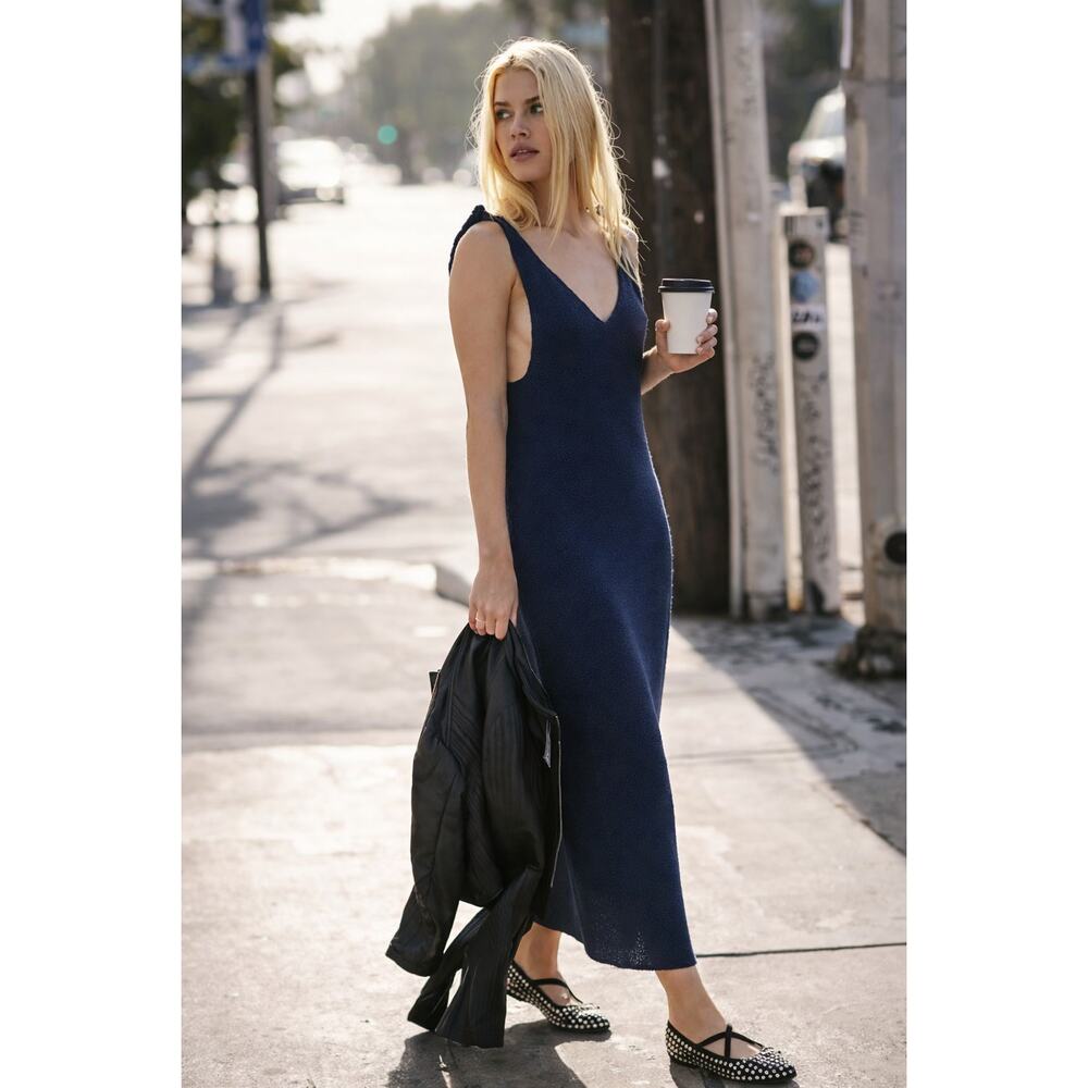 Free People Beach Kayla Crochet Sweater Midi Dress Blue Medium Boho Costal